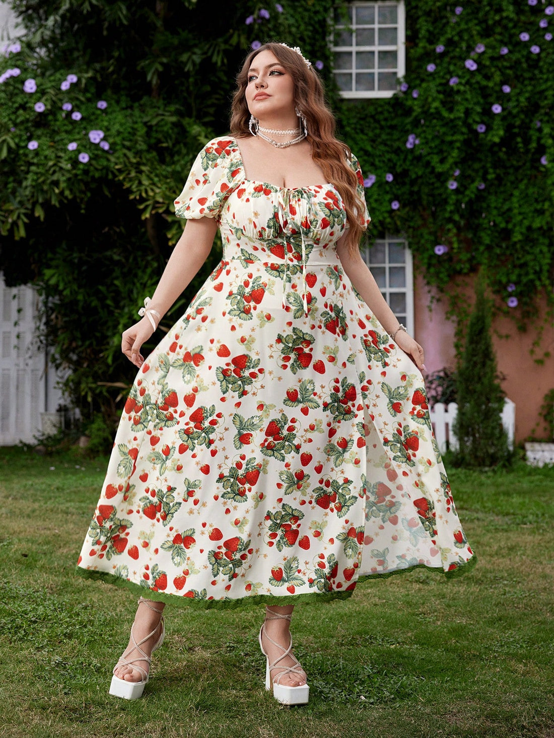 This playful midi dress features a charming strawberry print that’s perfect for sunny days. Puff sleeves add a flirty touch, while the side slit offers a breezy, effortless vibe. Ideal for summer vacations, it combines comfort and style for a sweet, fresh look wherever you go.