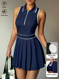 striped half zip sleeveless tennis golf mini dress with built in shorts, pleated skirt and pocket image 11