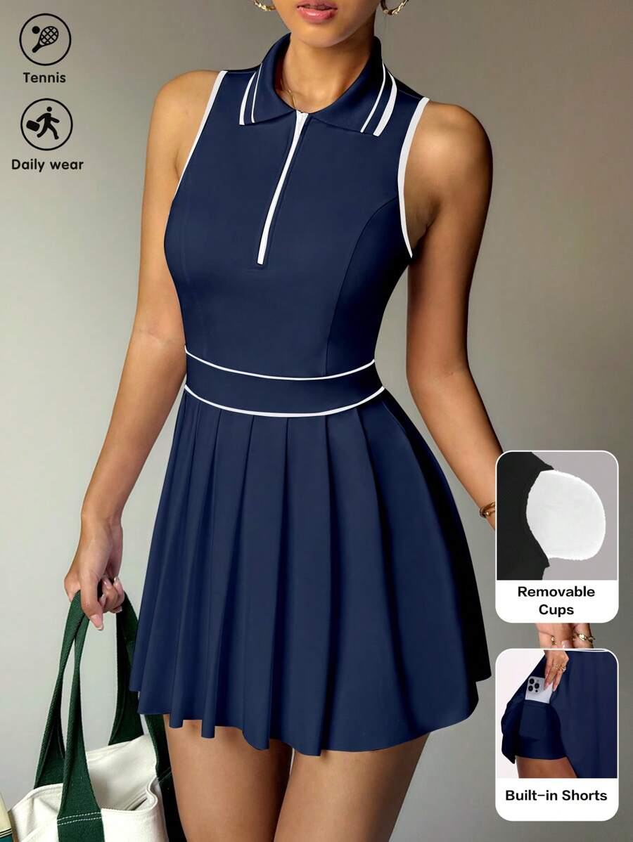 striped half zip sleeveless tennis golf mini dress with built in shorts, pleated skirt and pocket image 11