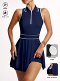 striped half zip sleeveless tennis golf mini dress with built in shorts, pleated skirt and pocket image 12