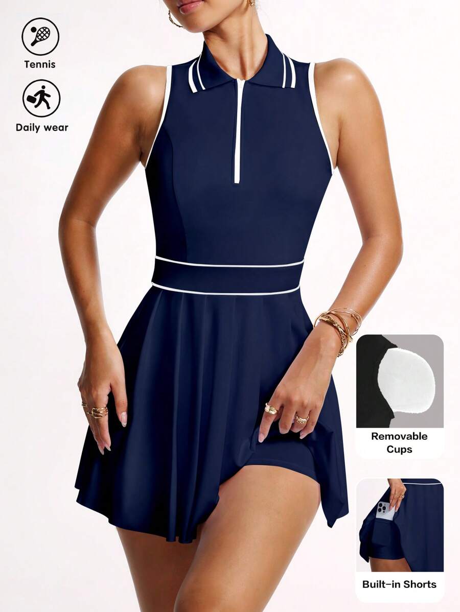 striped half zip sleeveless tennis golf mini dress with built in shorts, pleated skirt and pocket image 12