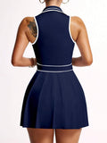striped half zip sleeveless tennis golf mini dress with built in shorts, pleated skirt and pocket image 13