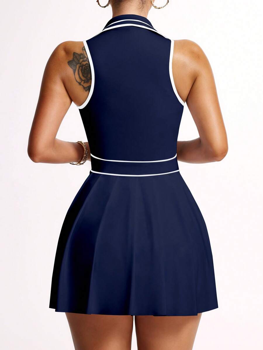 striped half zip sleeveless tennis golf mini dress with built in shorts, pleated skirt and pocket image 13