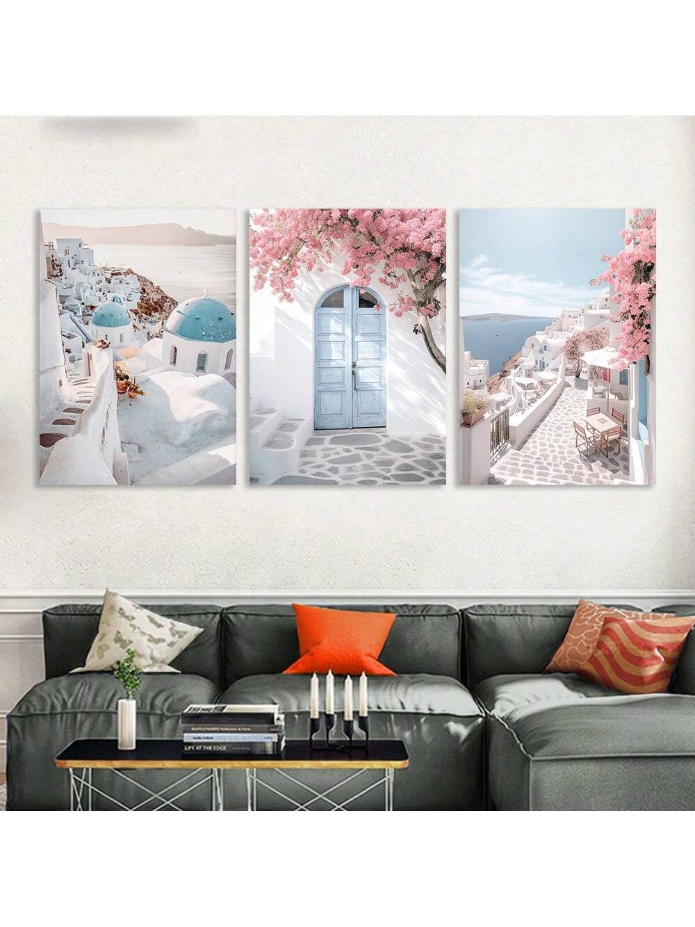 Bring a splash of the Greek Isles into your space with this playful 3-piece Santorini canvas set. Featuring iconic white architecture, bright blue rooftops, and delightful pink flowers, it captures the charm of coastal Greece perfectly. These vibrant panels add a joyful, sun-soaked vibe to any room, inviting you to dream of seaside adventures every day.