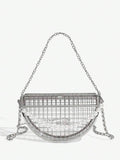 Close-up view of elegant semicircular pearl-chain handbag: versatile evening clutch for parties and special occasions with pearl chain, chain strap, semicircular shape for evening occasions