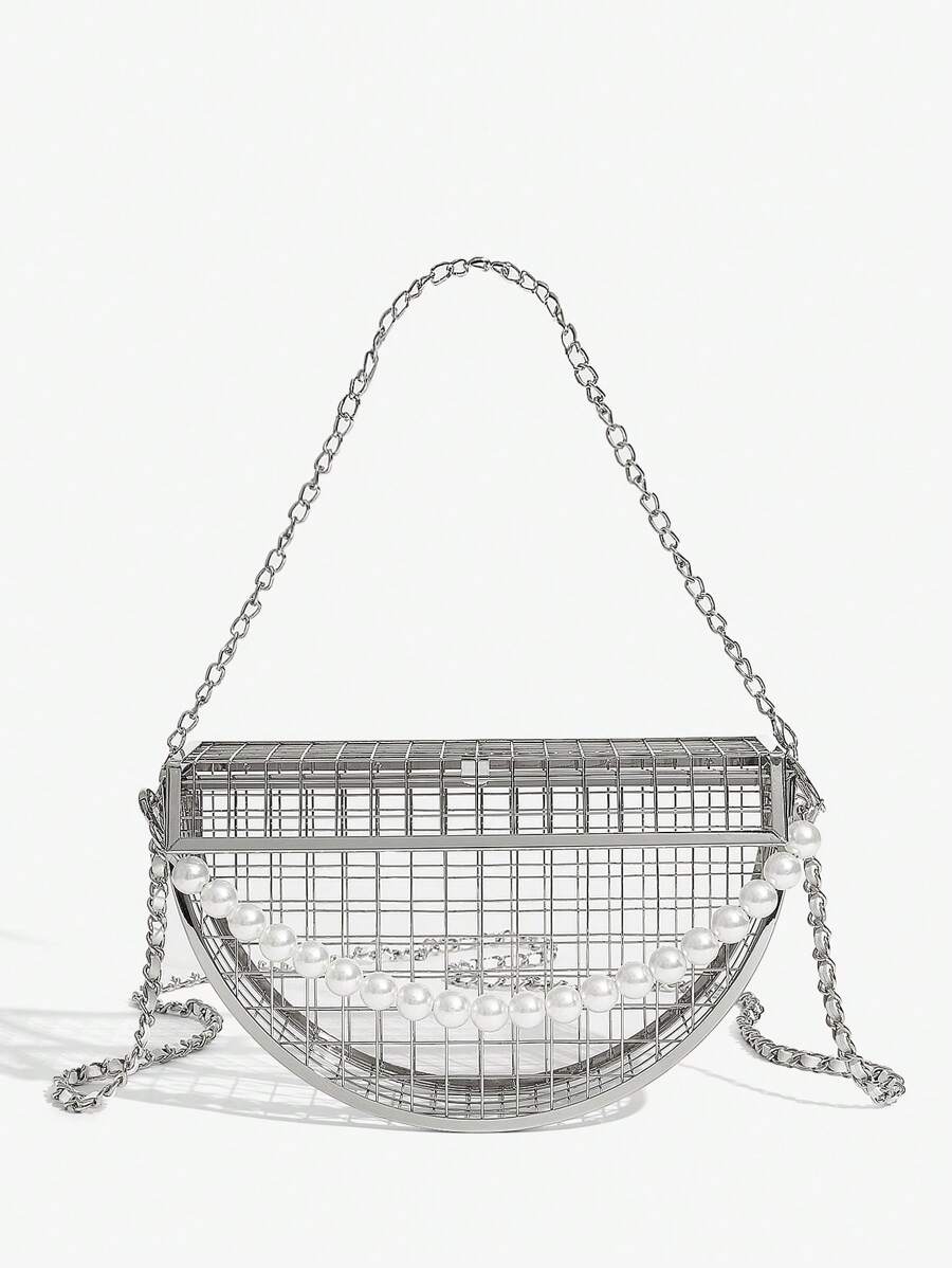 Close-up view of elegant semicircular pearl-chain handbag: versatile evening clutch for parties and special occasions with pearl chain, chain strap, semicircular shape for evening occasions