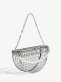 Close-up view of elegant semicircular pearl-chain handbag: versatile evening clutch for parties and special occasions with pearl chain, chain strap, semicircular shape for evening occasions