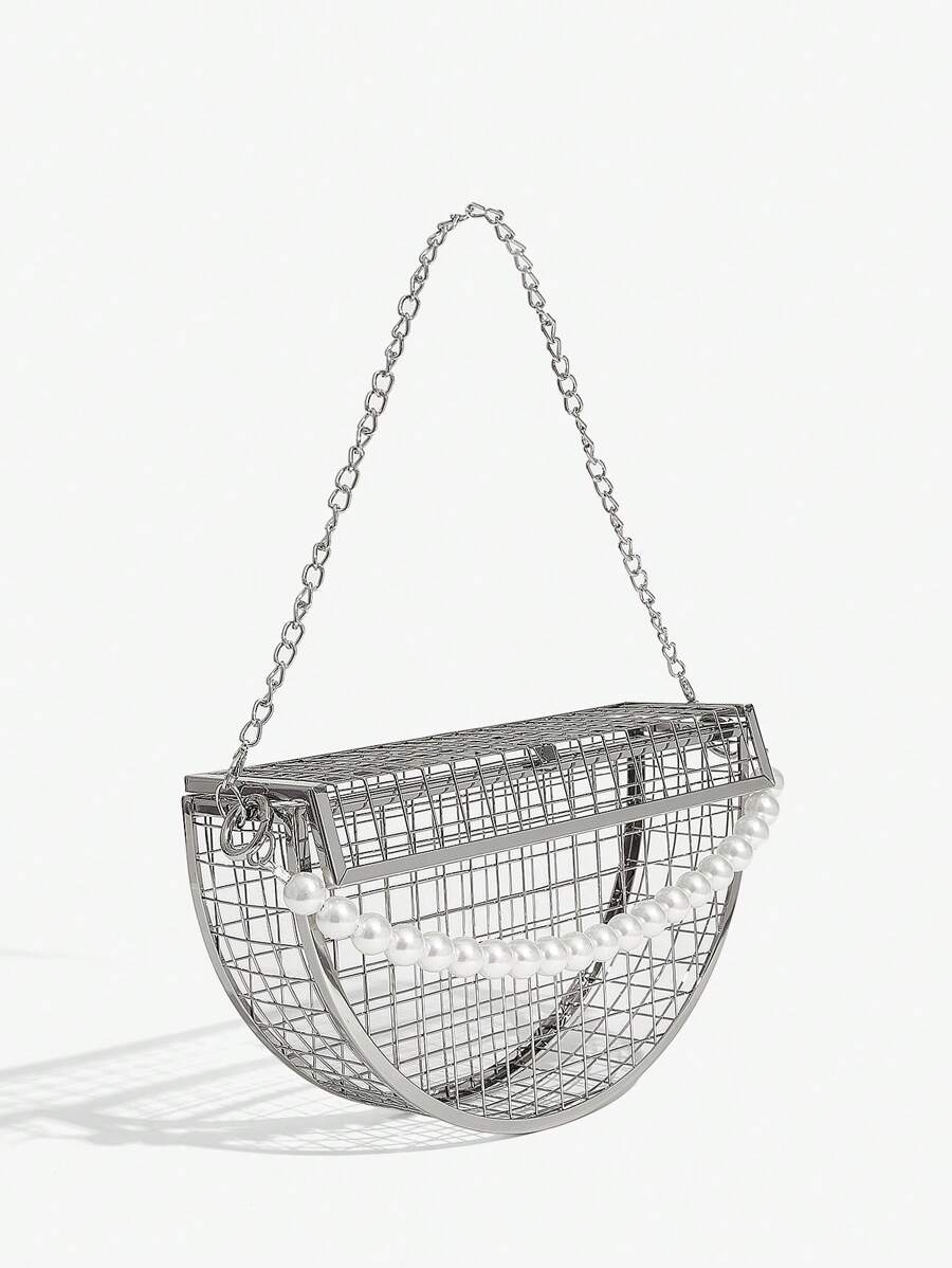 Close-up view of elegant semicircular pearl-chain handbag: versatile evening clutch for parties and special occasions with pearl chain, chain strap, semicircular shape for evening occasions