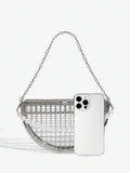 Side view of elegant semicircular pearl-chain handbag: versatile evening clutch for parties and special occasions with pearl chain, chain strap, semicircular shape for evening occasions