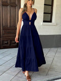 Navy blue V-neck cutout waist maxi dress, front view
