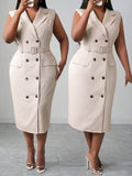 Close-up view of elegant plus size midi dress for spring/summer - khaki double-breasted belted style for work and dates with plus size fit, summer styling for summer casual wear