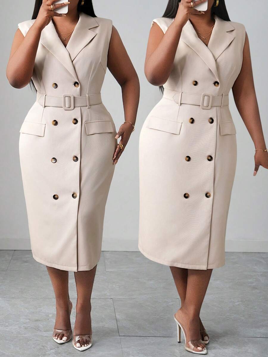 Close-up view of elegant plus size midi dress for spring/summer - khaki double-breasted belted style for work and dates with plus size fit, summer styling for summer casual wear