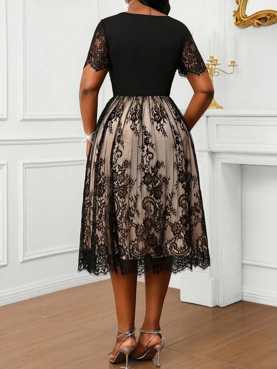 Step into the spotlight with this elegant plus size black and pink lace midi dress, perfect for fall weddings and formal events. The flattering silhouette hugs your curves while the delicate lace overlay adds a touch of romance. With its chic color combo and midi length, it’s designed to make you feel confident and fabulous no matter the occasion. Get ready to turn heads and dance the night away in style!