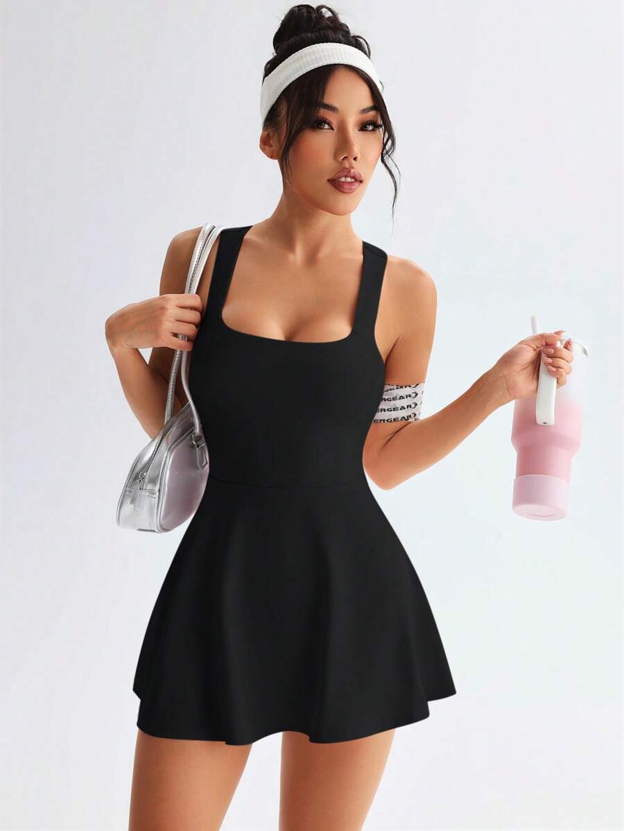 cross back sports mini dress with square neck, built-in shorts, phone pocket, open racerback and flared skirt image 1