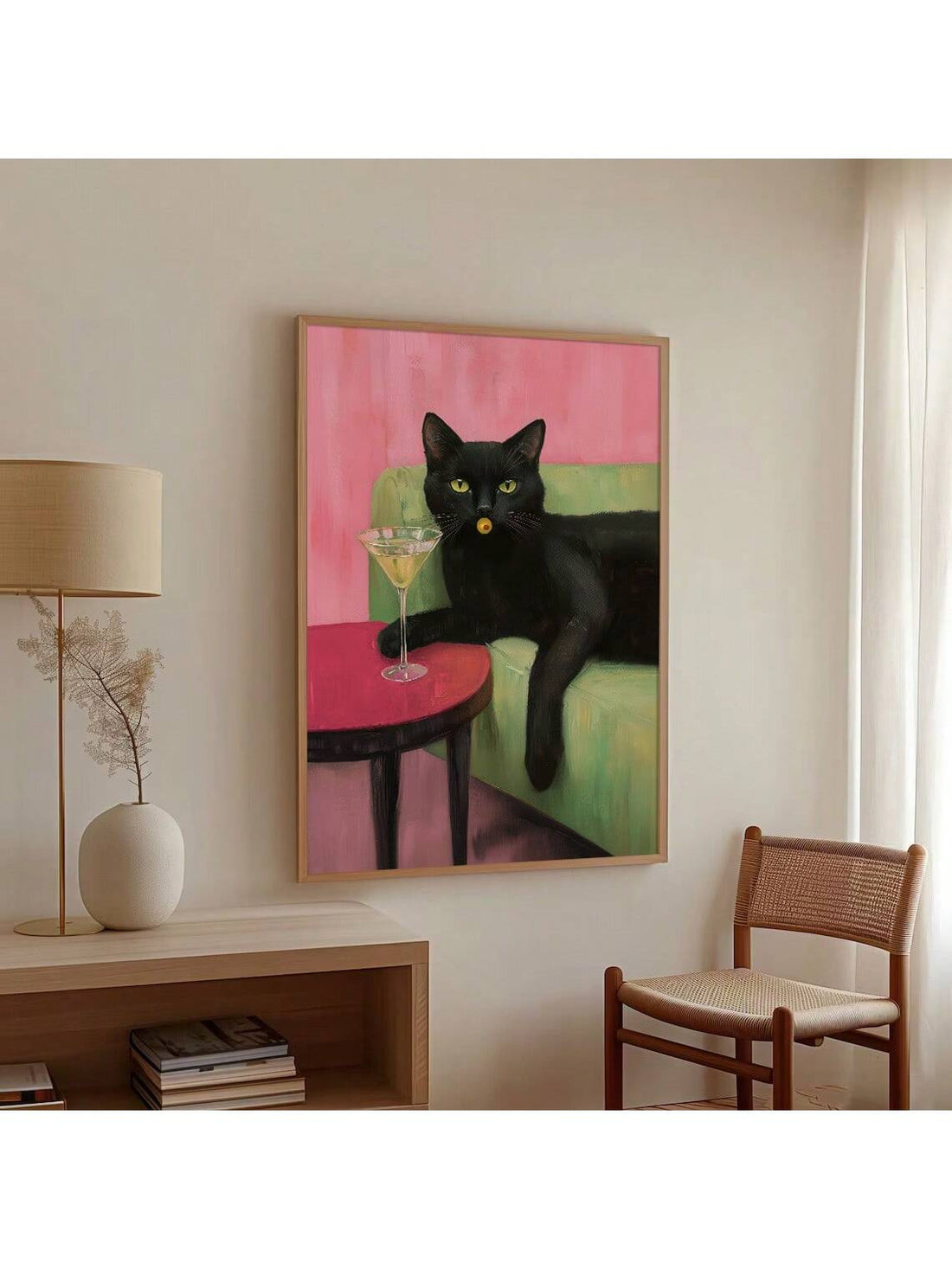Add a splash of charm and fun to your space with this Whimsical Black Cat With Martini Canvas Art. Perfect for living rooms or kitchens, this vintage-style piece playfully blends cocktail culture with feline finesse, creating a lively focal point that sparks conversation and smiles. Its quirky design brightens any room with a touch of sophisticated whimsy.