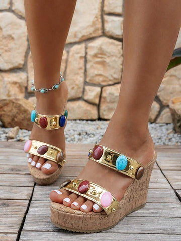 cork platform wedge sandal collection with brown strappy slingback wedge, gold jeweled two-strap slide, taupe woven bow slide, and gold buckle wedge slide, all open toe with high cork wedge sole image 2