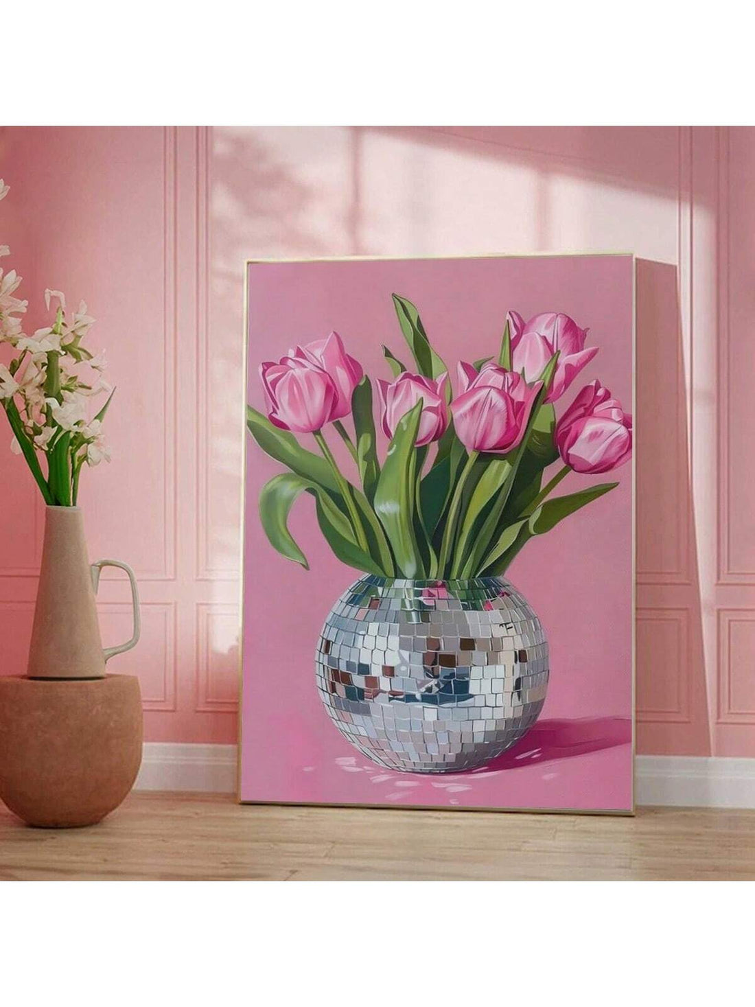 Add a pop of fun and flair to your space with this Chic Pink Tulips in Disco Ball Vase Canvas Wall Art. Perfect for trendy, preppy rooms, this playful piece combines vibrant pink tulips with a sparkling disco ball vase for a flirty, eye-catching vibe. It’s the ideal wall art to brighten your room and lift your spirits with a splash of color and a dash of dance-floor charm.