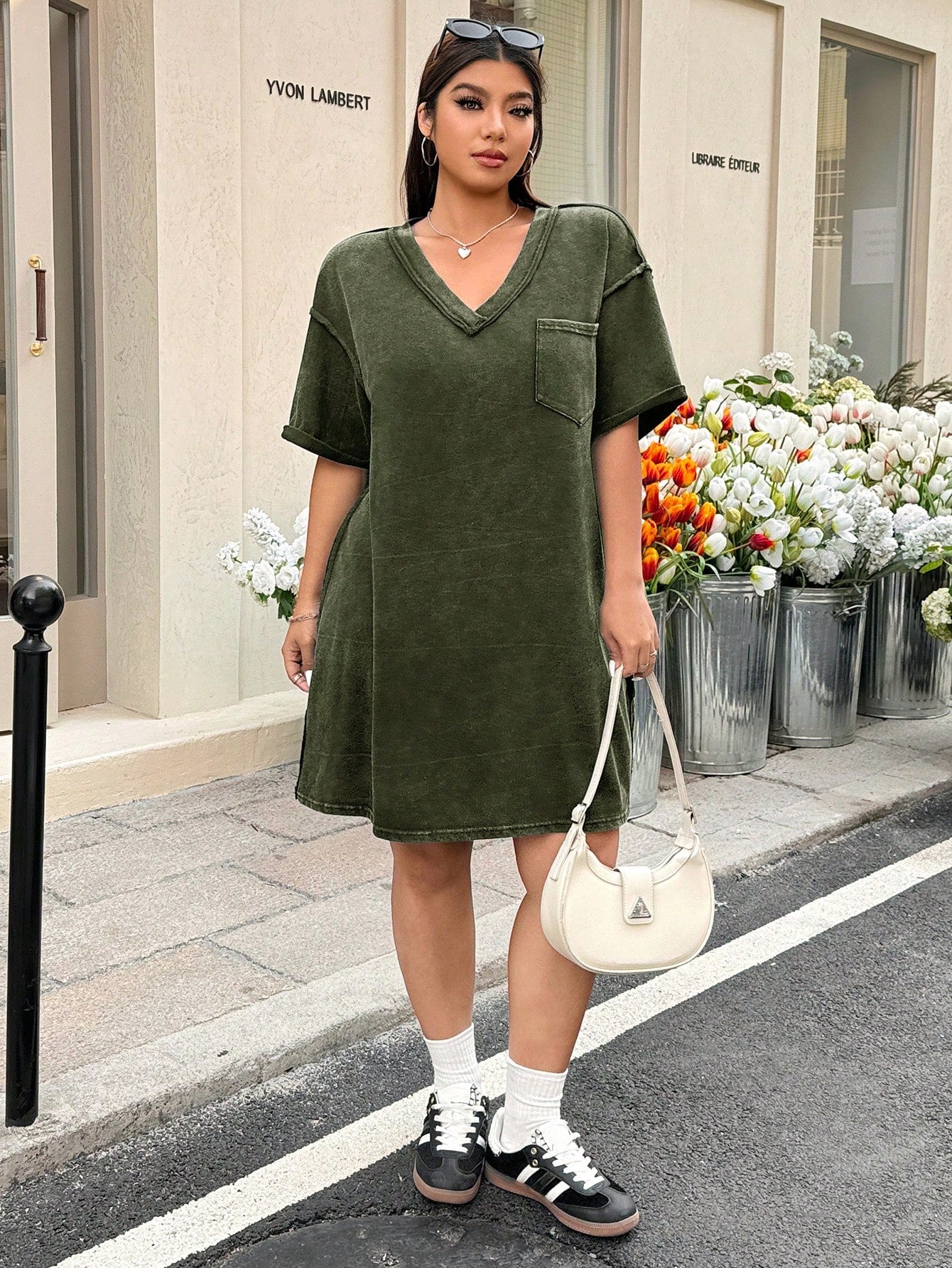 Plus Size Olive Green V-Neck Sweater Dress for Women