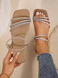 Taupe khaki square toe rhinestone flat sandals with ankle loop strap