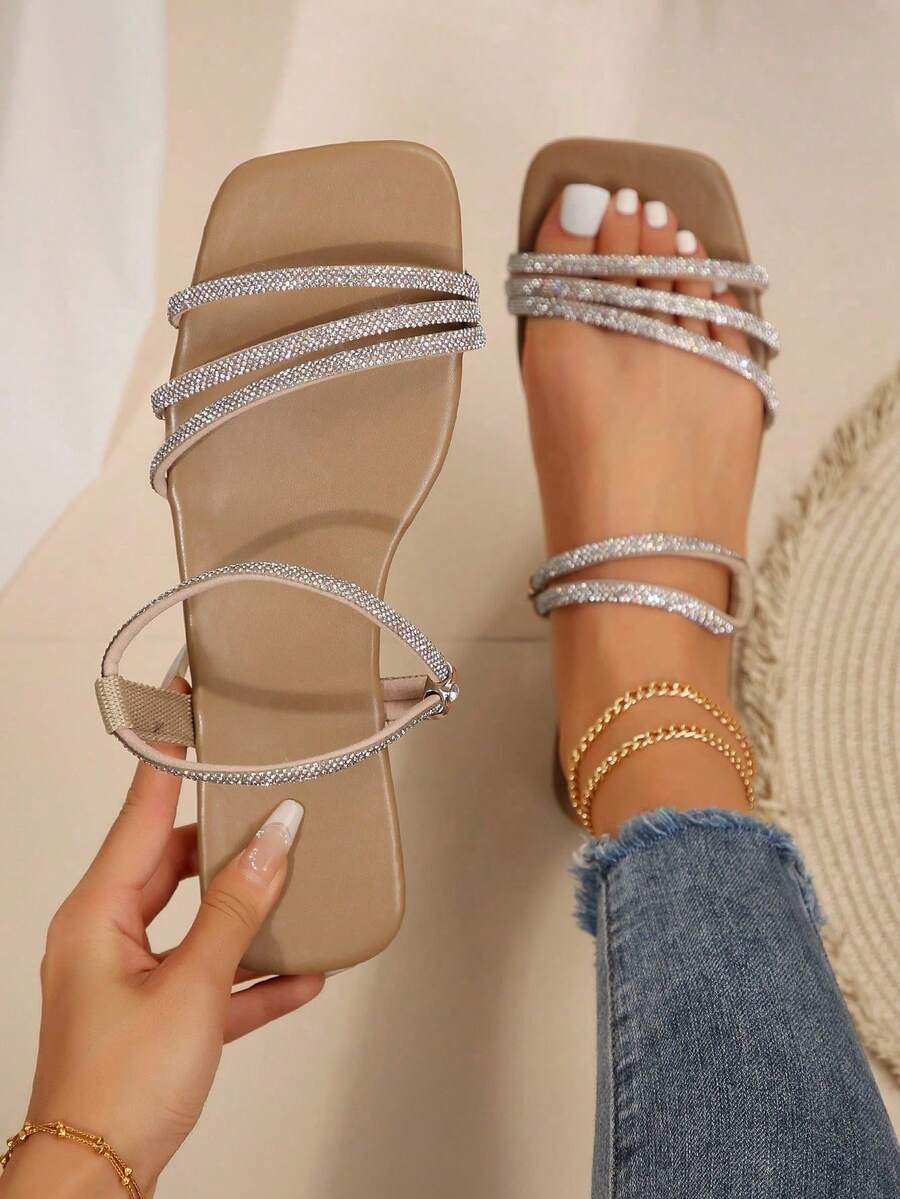 Taupe khaki square toe rhinestone flat sandals with ankle loop strap