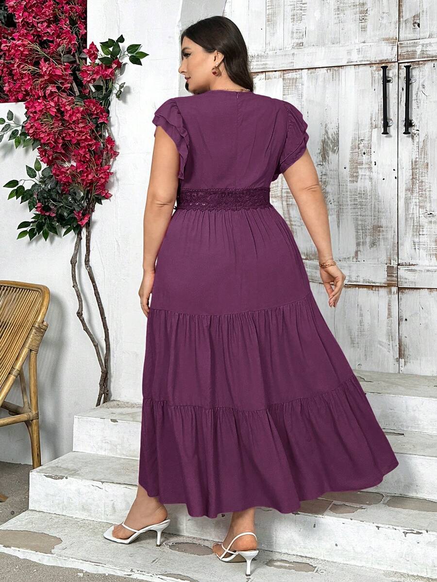 Elevate your wardrobe with this stunning plus-size midi dress that's equal parts sophisticated and fun! The delicate lace patchwork creates visual interest while the flattering A-line silhouette celebrates your curves beautifully. Short sleeves and a chic V-neckline offer the perfect balance of elegance and comfort, making it ideal for everything from brunch dates to evening events. Slip it on and feel confident, gorgeous, and ready to turn heads!