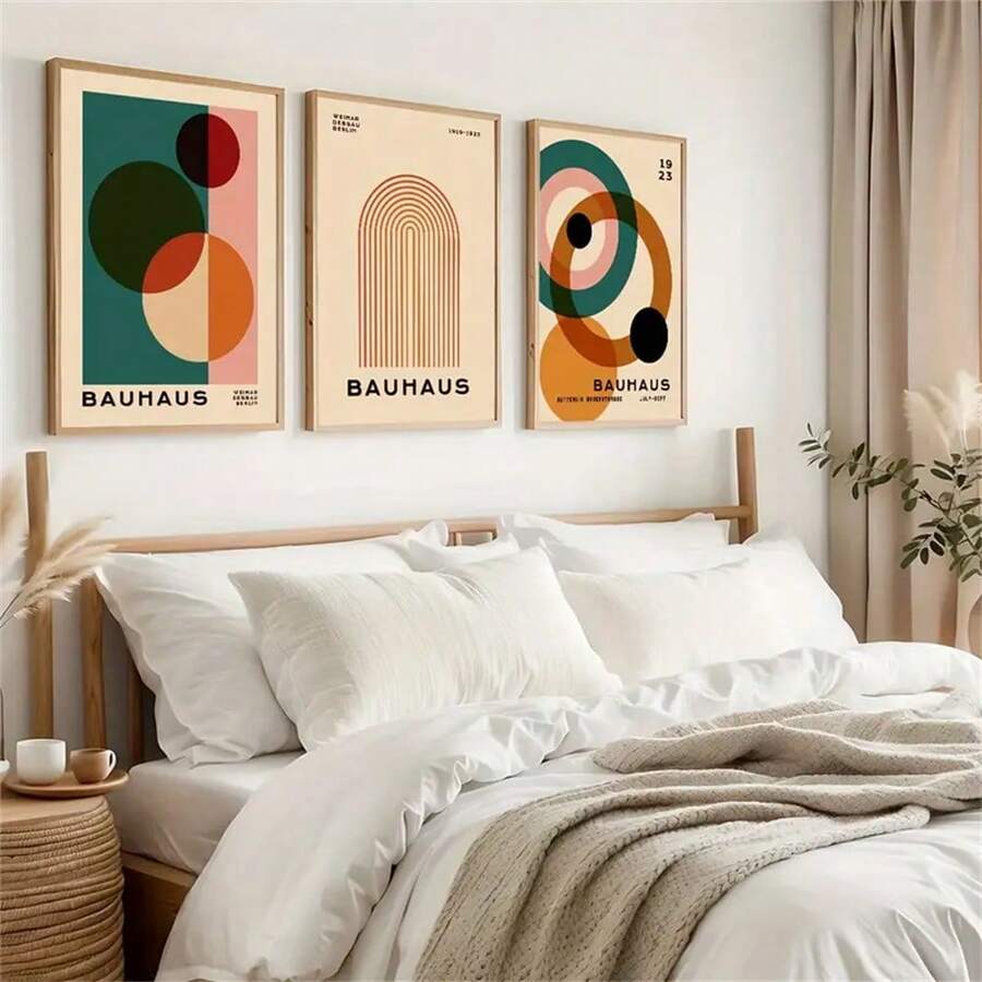 Refresh your home with the timeless charm of this Bauhaus canvas wall art set. Inspired by iconic mid century design, each piece features bold geometric shapes, earthy tones, and balanced compositions that bring warmth and artistic character to any room. The clean yet expressive aesthetic makes this collection an easy choice for modern, bohemian, Scandinavian, and minimalist interiors.