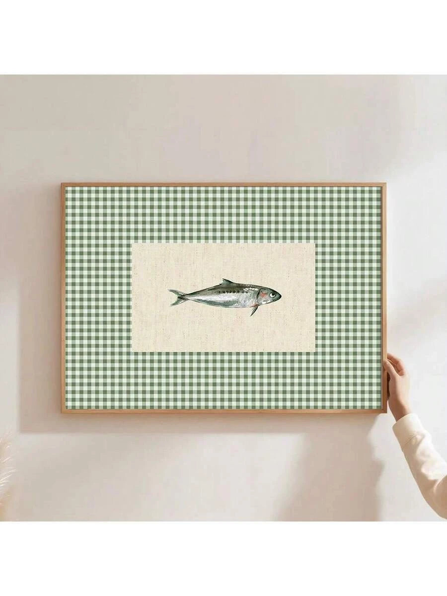 Bring timeless charm to your space with this vintage-inspired green checkered fish wall art canvas print. Perfect for kitchen, living room, or bedroom walls, this minimalist piece captures a nostalgic grandmillennial aesthetic that complements modern and eclectic interiors alike. The soft multicolor palette and playful fish motif add visual interest without overwhelming your décor. Crafted on quality canvas, it's an easy way to refresh any room with personality and warmth. Ideal for those seeking understate