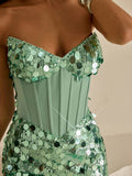 Black sequin sweetheart mini dress with silver sparkle