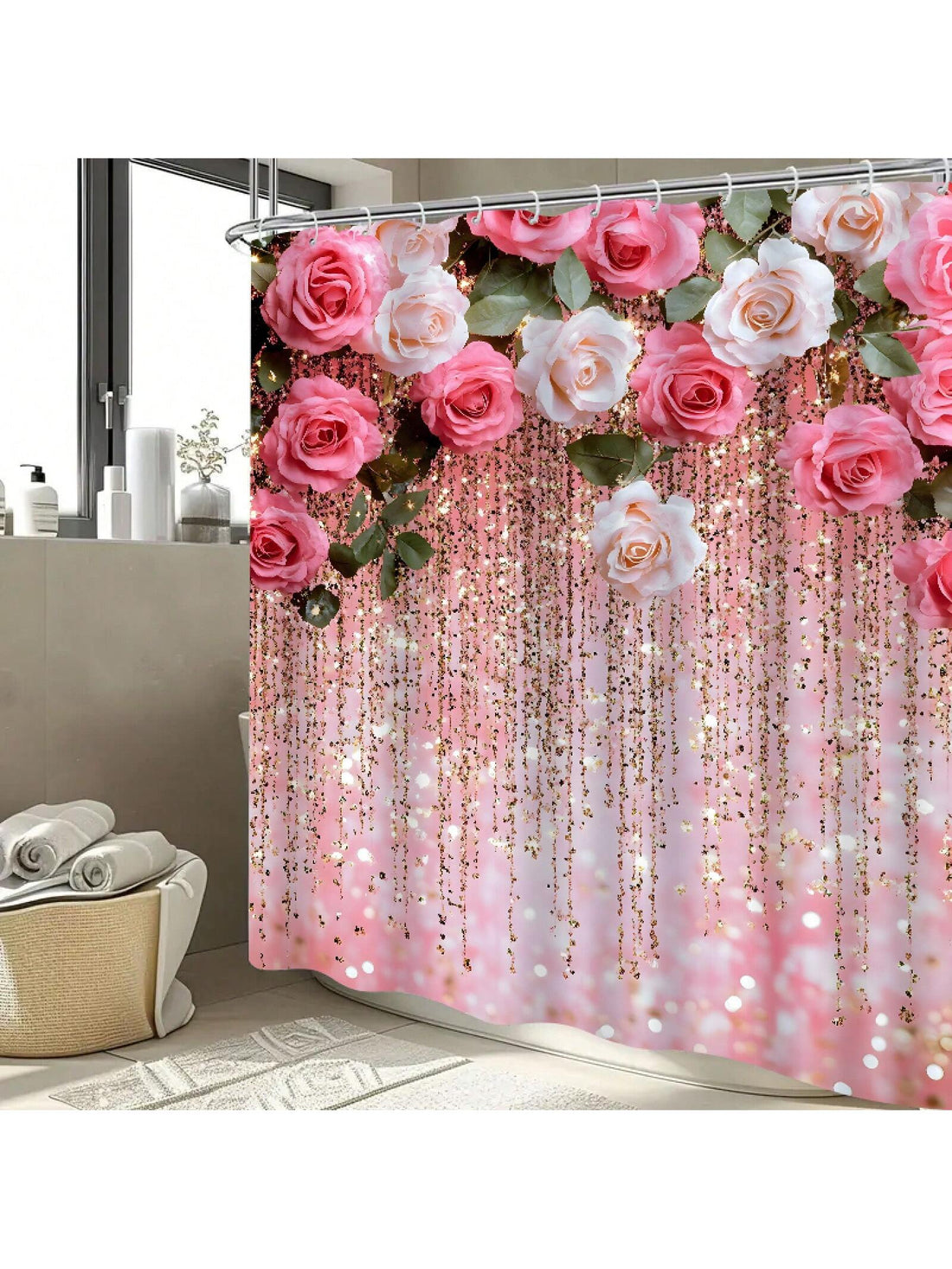 Add a splash of charm to your bathroom with this playful 4-piece pink rose set! Featuring a shower curtain, rug, toilet cover, and bath mat, each piece blooms with delicate rose designs that brighten your space. Soft, cozy, and easy to clean, this set turns everyday routines into a delightful floral escape. Perfect for adding a touch of whimsy and elegance to your home decor!