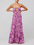 Full front view of purple floral cami maxi dress with gathered bust and front cutouts