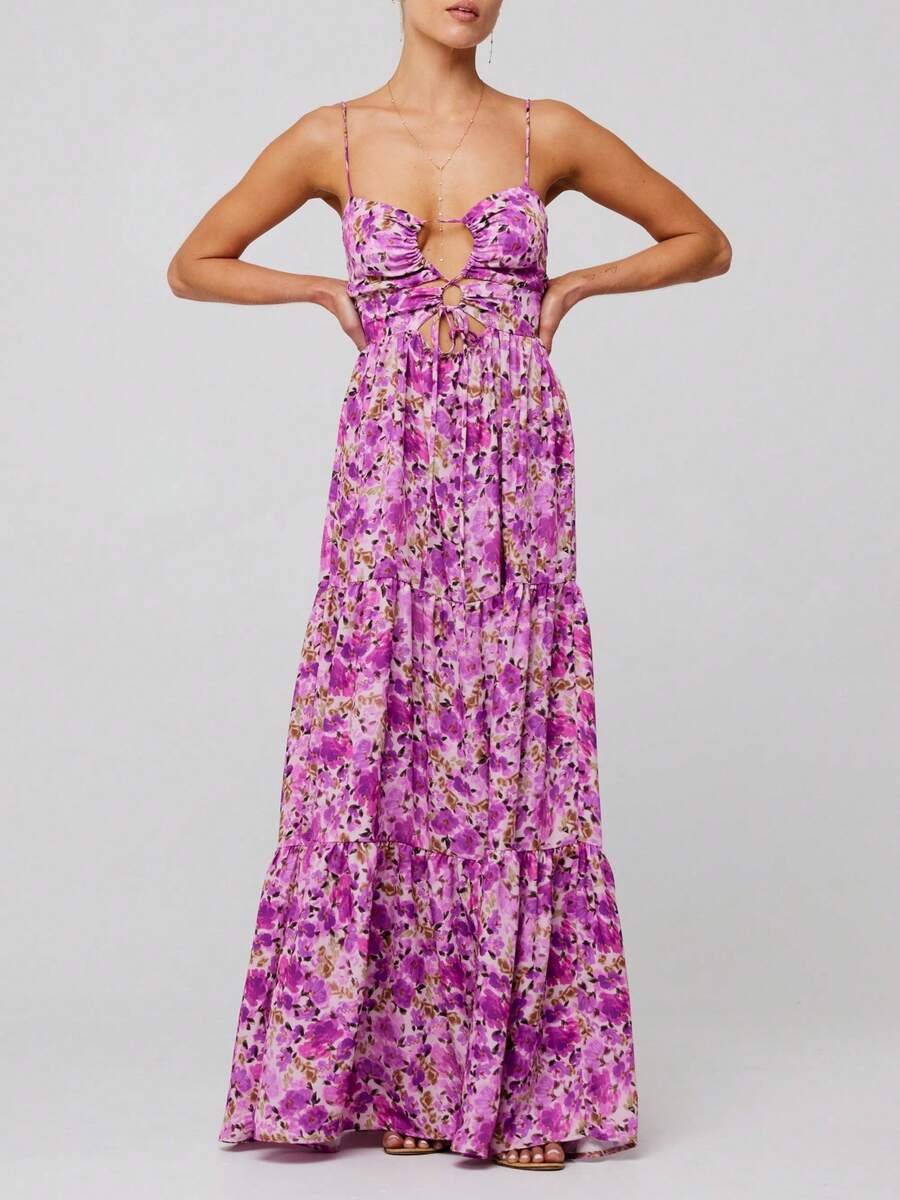 Full front view of purple floral cami maxi dress with gathered bust and front cutouts