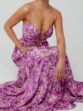 Close view of purple floral gathered bust with circular cutout ring details