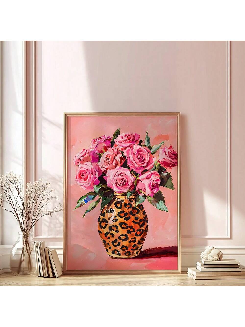 Add a burst of fun and flair to your space with this vibrant pink roses artwork nestled in a fierce leopard print vase. Perfect for anyone who loves girly decor with a bold twist, this maximalist floral print brings playful energy and a pop of color to any room. It’s the perfect piece to brighten up walls and spark joy every time you glance its way.