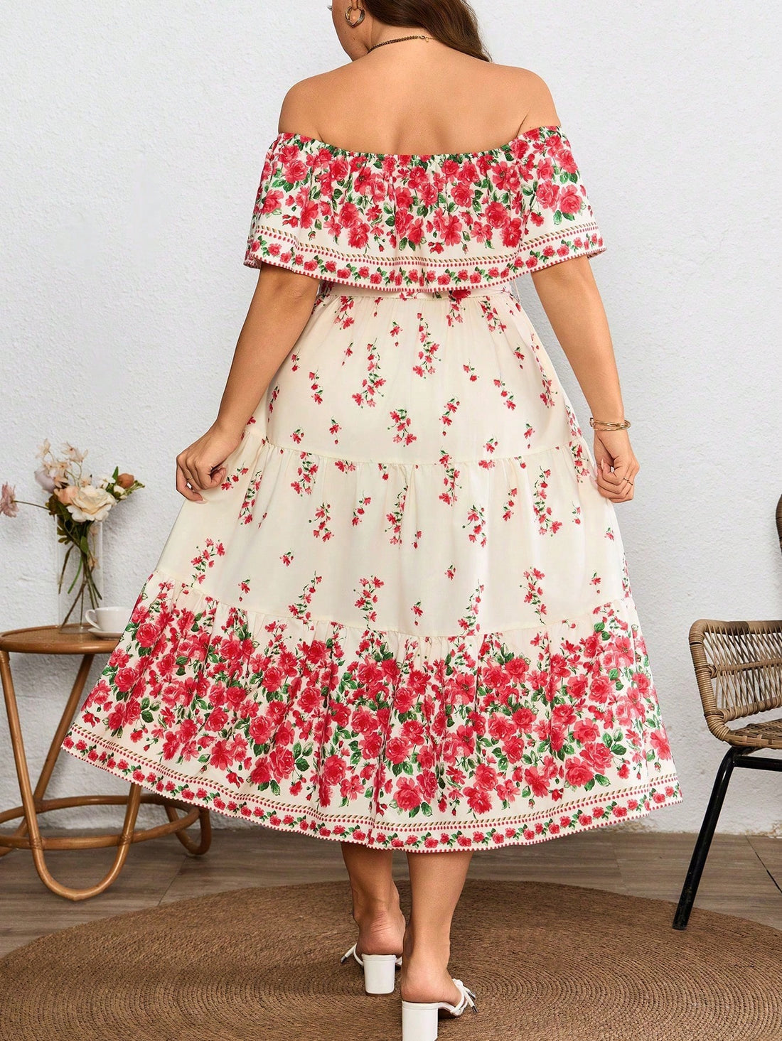 Step into spring and summer with this playful plus size off-shoulder midi dress, adorned with charming rose floral prints. Its ruffled neckline adds a flirty touch, while the flowing silhouette ensures comfort and style all day long. Perfect for sunny days and warm evenings, this dress brings effortless elegance with a fun, feminine vibe.