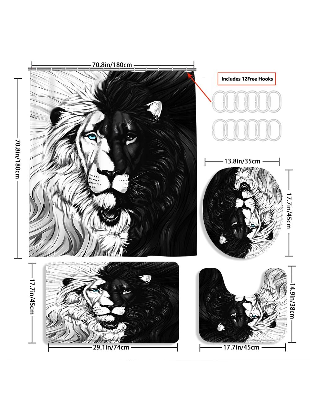 Bring a wild touch to your bathroom with this playful 4-piece set featuring a striking black and white lion design. The set includes a shower curtain, matching mat, and coordinating accessories that add both style and comfort. Perfect for turning your daily routine into a roaring good time!