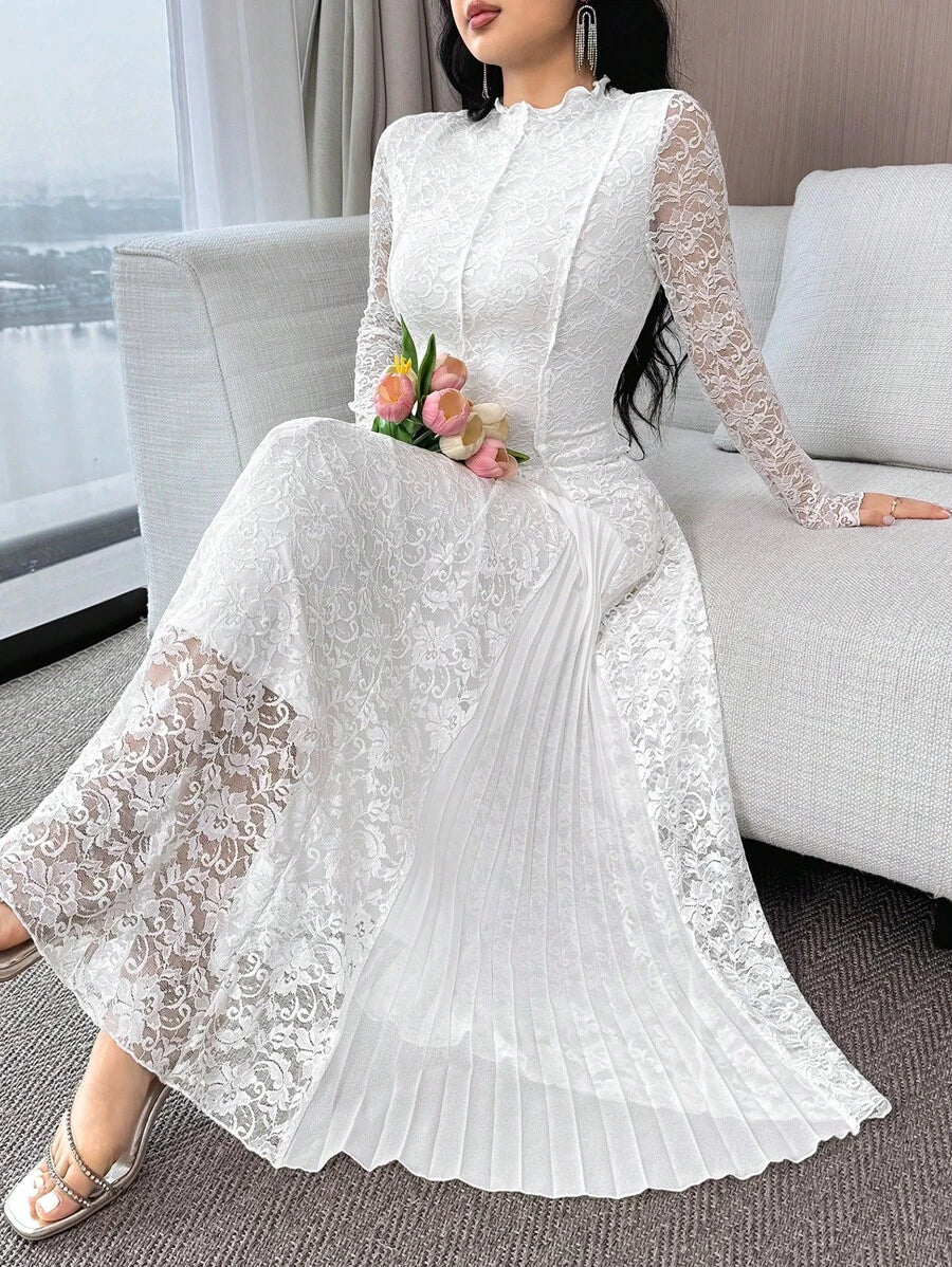 Burgundy floral lace maxi dress front view with sheer long sleeves and pleated side panels