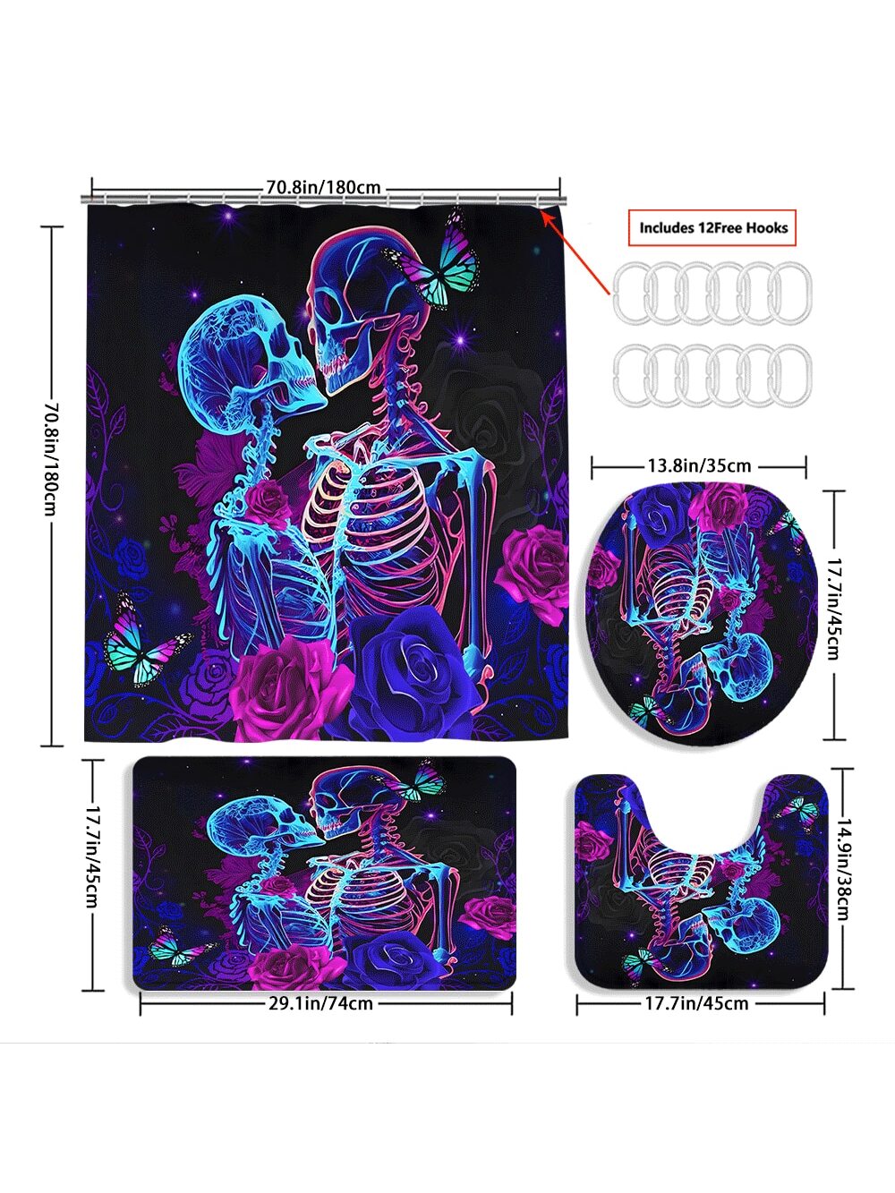 Add a splash of fun to your bathroom with this vibrant 4-piece skeleton set! Featuring a colorful shower curtain, matching bath mat, and toilet seat cover, it brings quirky charm and bold style to your space. Perfect for those who love trendy, playful decor that stands out while keeping your bathroom cozy and inviting.