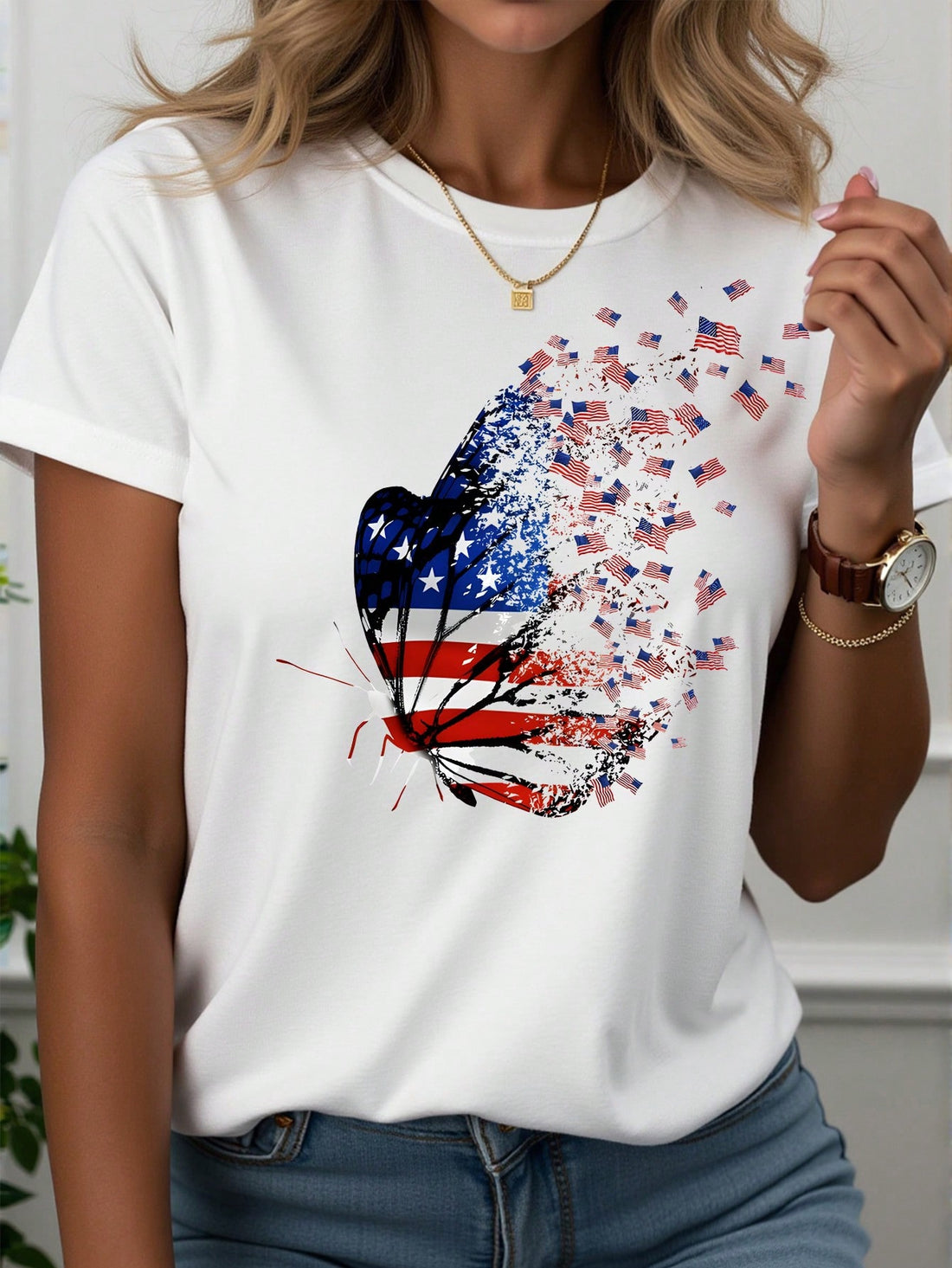 Celebrate sunny days with this playful women's casual t-shirt featuring a vibrant American flag butterfly print. Its comfortable round neck design makes it perfect for relaxed summer outings, adding a fun and patriotic touch to your wardrobe. Lightweight and easy to wear, it’s your go-to tee for effortless style and good vibes all season long.