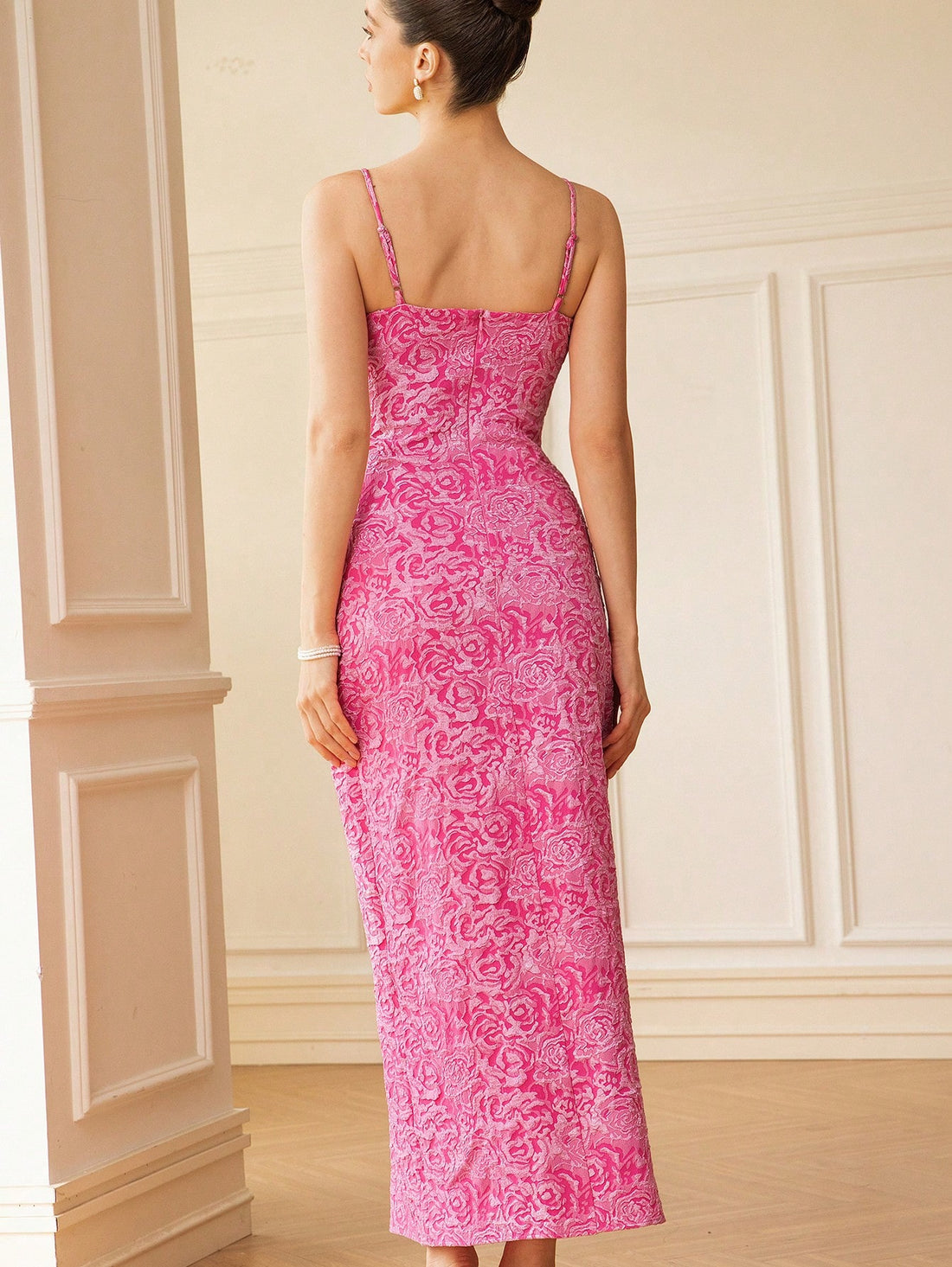 Blush into the spotlight in this stunning textured pink dress that's basically a love letter to romance. Delicate rose patterns dance across the fabric, while a gleaming metal clasp adds just the right touch of sophistication—because who says elegant can't be fun? Whether you're walking down the aisle as a guest, celebrating at a soirée, or simply want to feel like the main character, this dress delivers effortless charm and undeniable elegance. The textured weave catches light beautifully, ensuring you'll 
