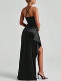 Champagne satin gown front view with thin straps and long side slit