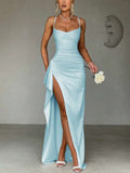Red satin gown back view showing crossed straps and long skirt