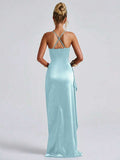 Light-blue satin gown front view with fitted bodice and high slit