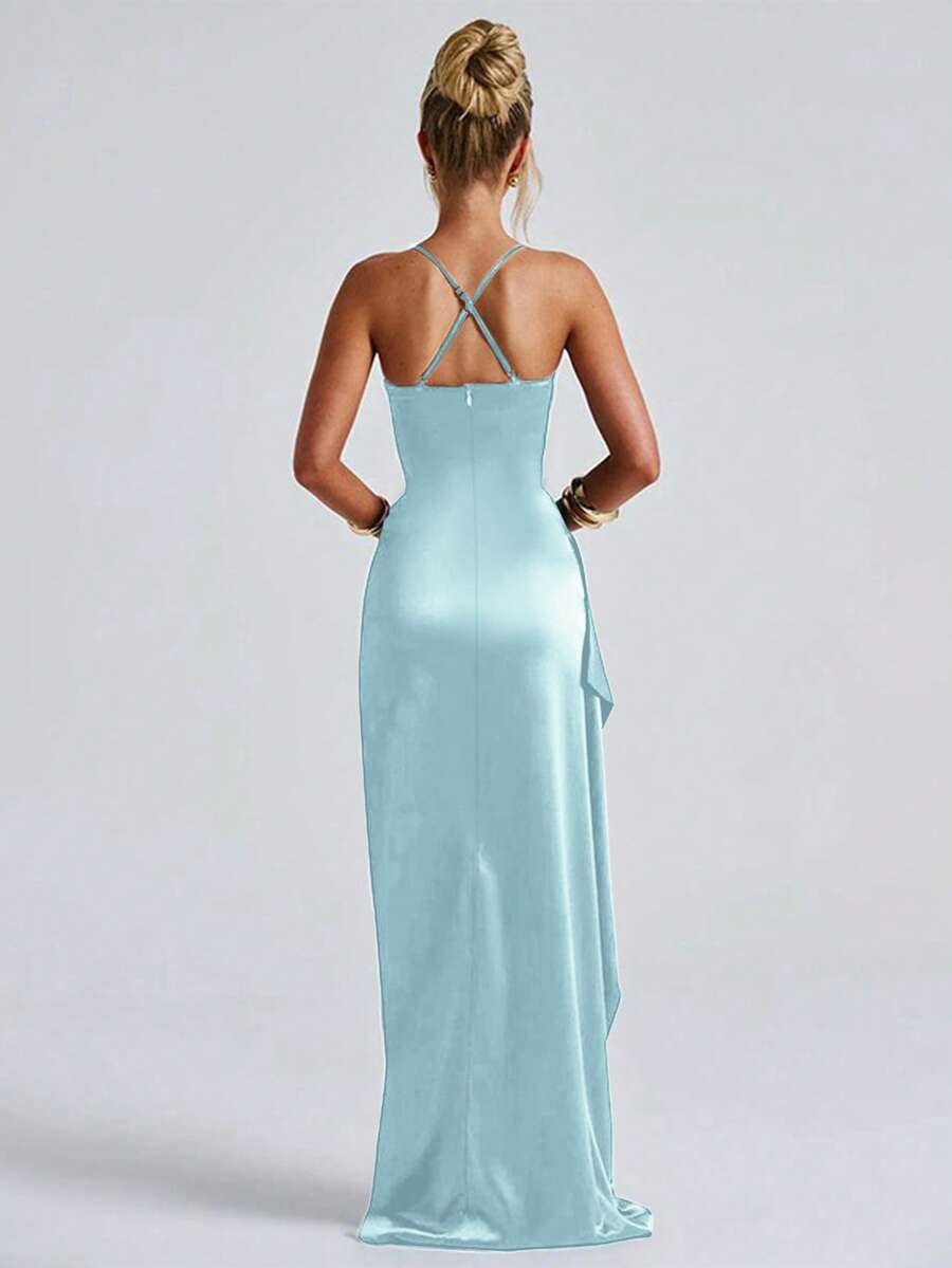 Light-blue satin gown front view with fitted bodice and high slit