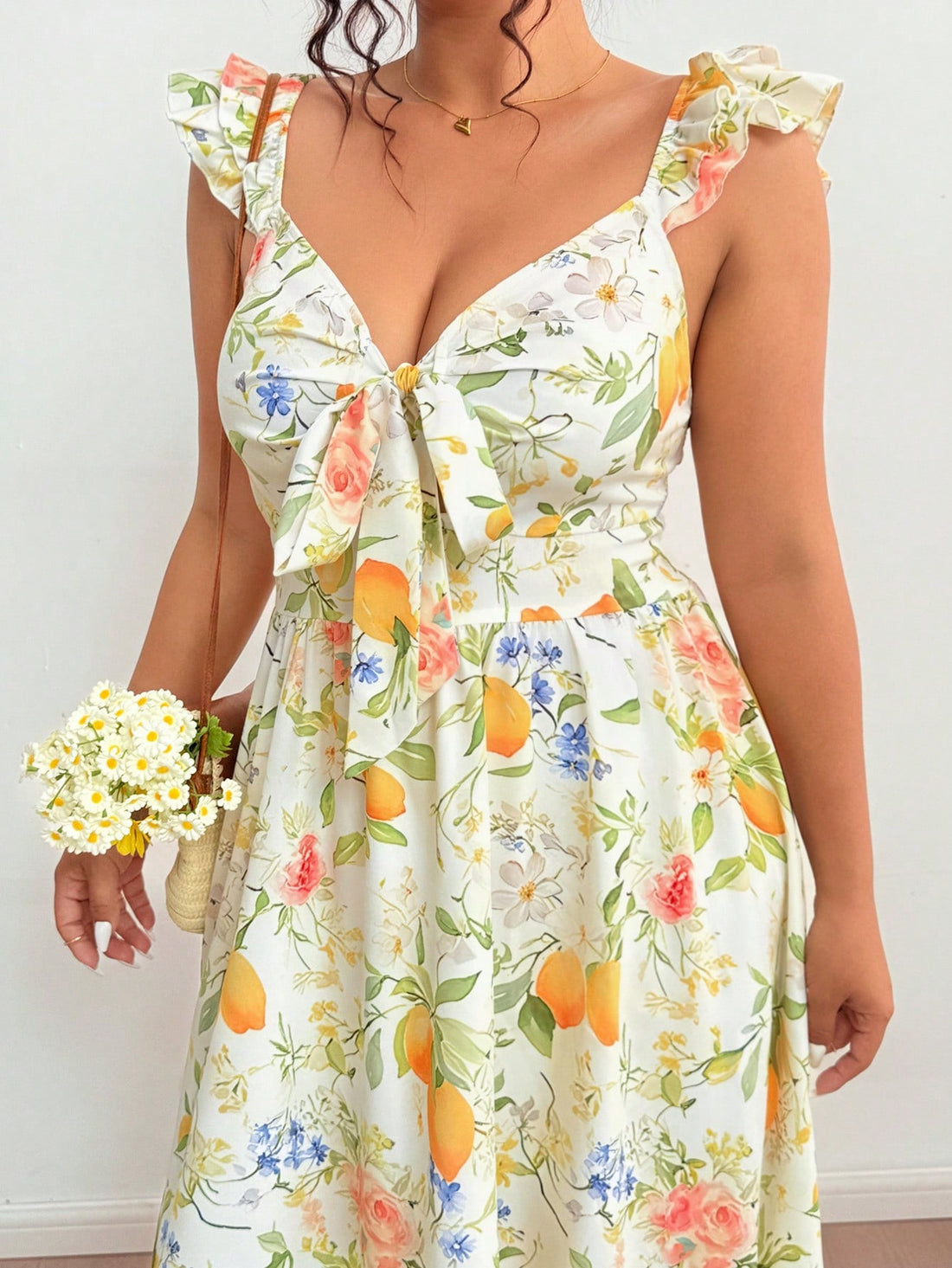 Embrace sunny days in this playful plus size maxi dress, adorned with a vibrant fruit print perfect for spring and summer getaways. Its flowing silhouette offers comfort and style, making it your go-to choice for casual outings or beachside strolls. Light, breezy, and full of fun—this dress brings a splash of fruity charm to your vacation wardrobe.