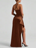 Brown satin gown front view with fitted bodice and high side slit