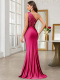 one-shoulder formal evening gown with asymmetric sequin bodice, smooth floor-length skirt, fitted mermaid column silhouette, ruched waist and hip, wrap front overlay and high thigh slit in multiple colors image 27