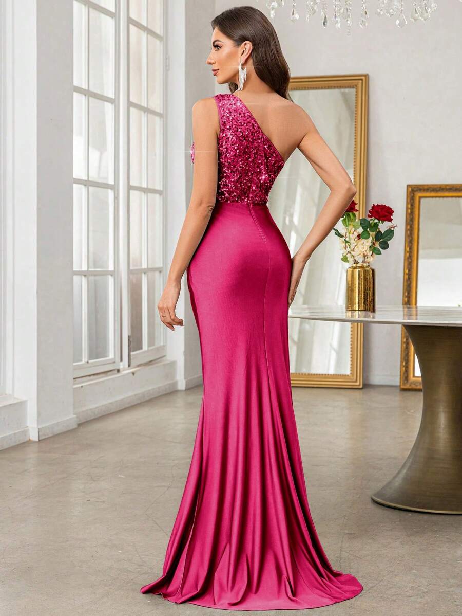 one-shoulder formal evening gown with asymmetric sequin bodice, smooth floor-length skirt, fitted mermaid column silhouette, ruched waist and hip, wrap front overlay and high thigh slit in multiple colors image 27