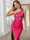one-shoulder formal evening gown with asymmetric sequin bodice, smooth floor-length skirt, fitted mermaid column silhouette, ruched waist and hip, wrap front overlay and high thigh slit in multiple colors image 28