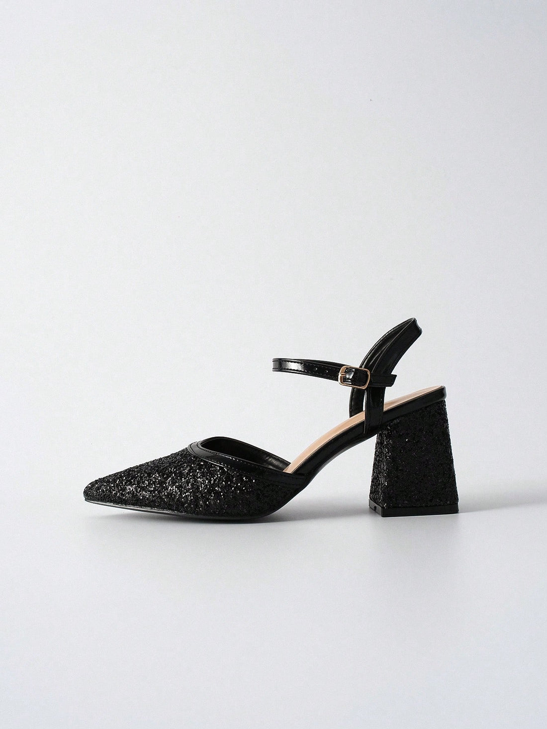 Sparkle in Style: Open Heel Pointed Toe Black Glitter High Heel Shoes for Winter Elegance