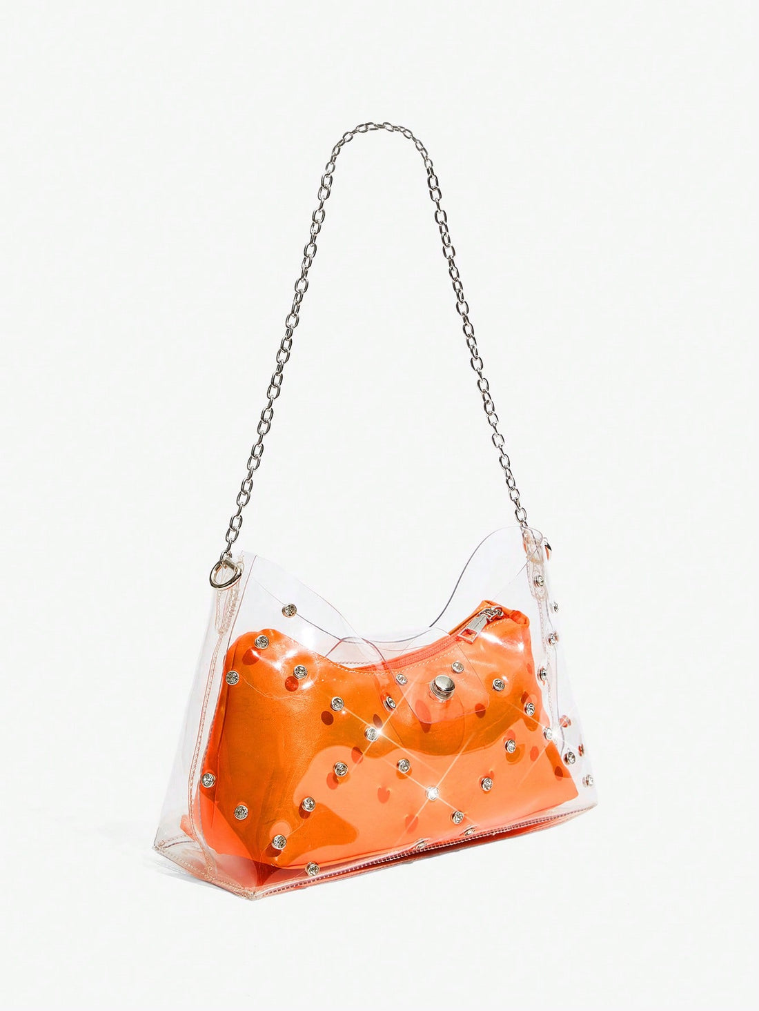 Add a pop of fun to any outfit with this Trendy Orange Rhinestone Hobo Bag! Featuring a clear PVC design, it’s perfect for showing off your style while keeping essentials visible and easy to find. Sparkling rhinestones add just the right amount of glam, making this shoulder bag your go-to for daily adventures or special moments. Lightweight, eye-catching, and totally playful—get ready to turn heads wherever you go!